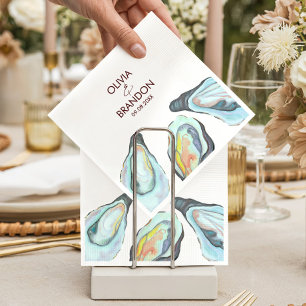 Watercolor Oyster Coastal Seaside Beach Wedding Napkins