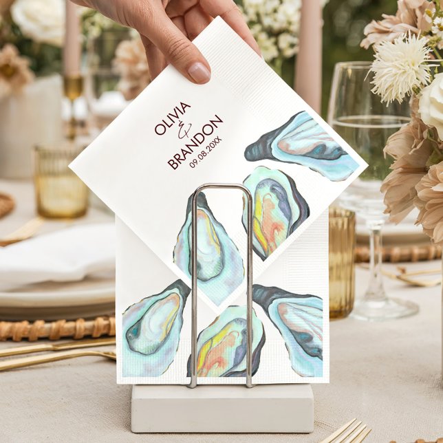 Watercolor Oyster Coastal Seaside Beach Wedding Napkins (Creator Uploaded)