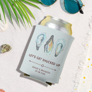 Watercolor Oyster Coastal Seaside Wedding Can Cooler