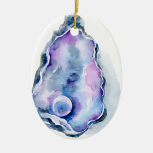 Watercolor oyster shell with pearl ceramic ornament
