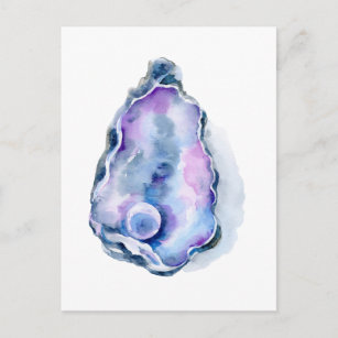 Watercolor oyster shell with pearl postcard