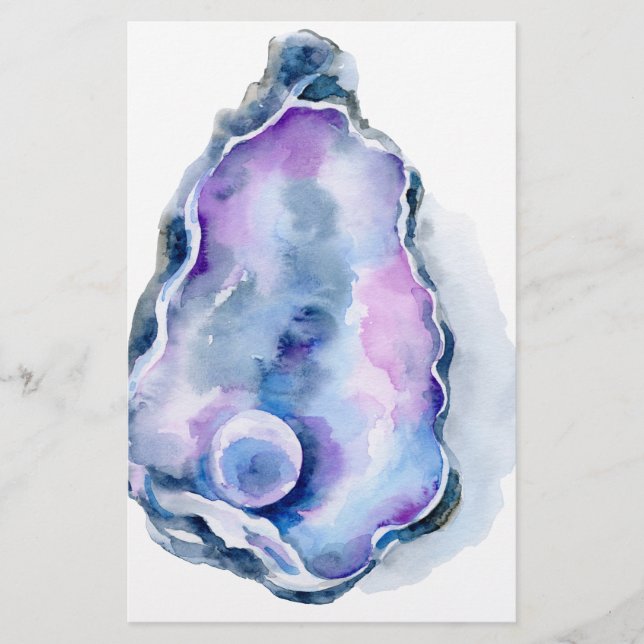 Watercolor oyster shell with pearl stationery (Front)