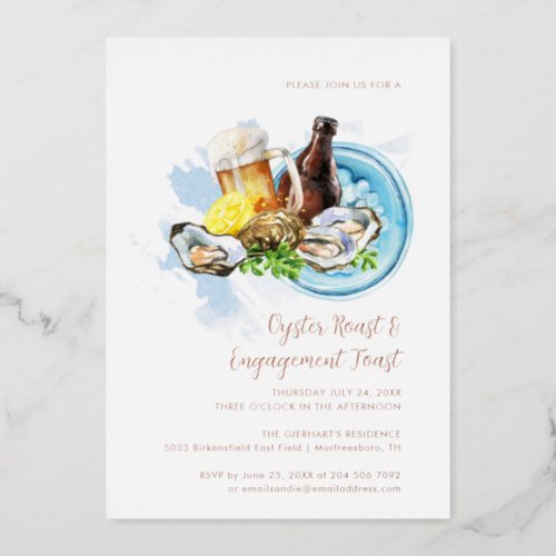 Watercolor Oysters and Beer Engagement Party Foil Invitation