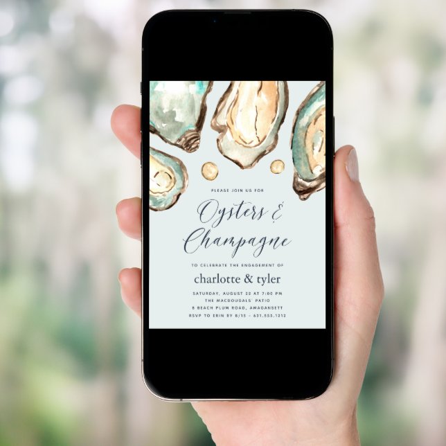 Watercolor Oysters & Champagne Engagement Party Invitation (Front Digital)