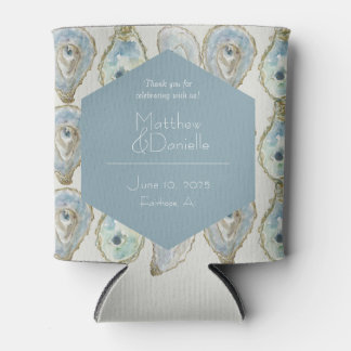 Watercolor Oysters Wedding- Dusty Blue Can Cooler