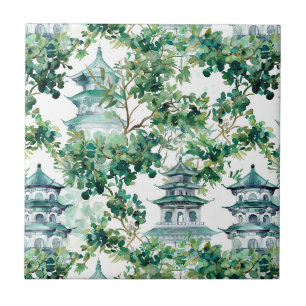 Watercolor Pagodas Olive Forest Asian Landscape Ceramic Tile