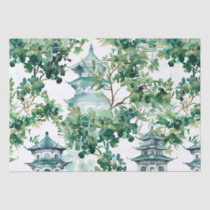 Watercolor Pagodas Olive Forest Asian Landscape Tissue Paper
