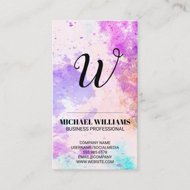 Watercolor Paint Background | Monogram Business Card (Front)