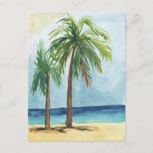 Watercolor paint sea tropical coconut tree  postcard
