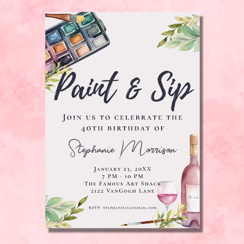 Watercolor Paint  Sip Art Birthday Invitation
