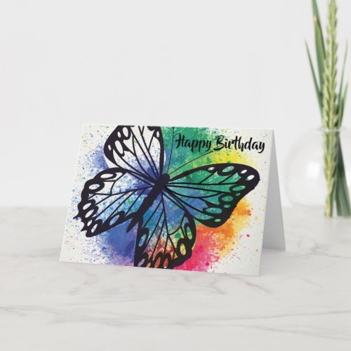 Watercolor Paint Splashed Butterfly Birthday Card