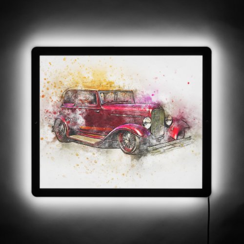 Watercolor Paint Splatter Antique Red Car Garage LED Sign
