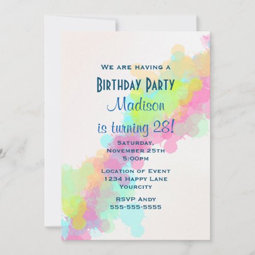 Watercolor Paint Splatter Colorful Birthday Invitation