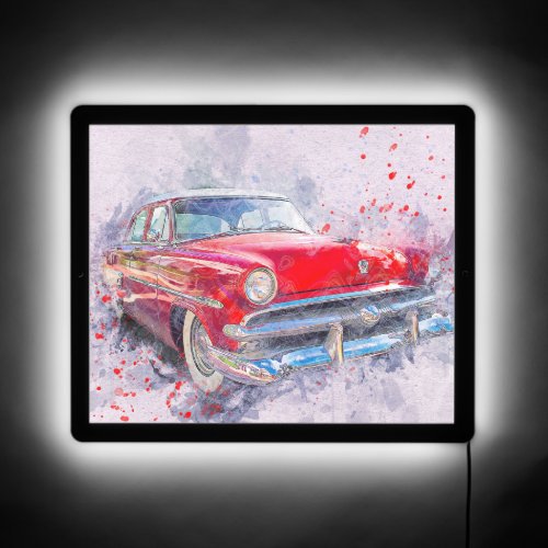 Watercolor Paint Splatter Vintage Red Car Garage LED Sign