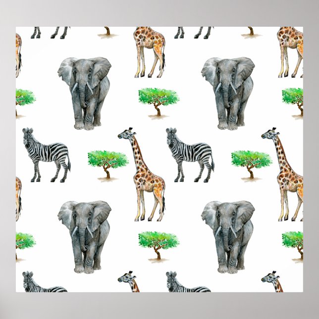Watercolor Painted Animals Seamless Pattern Poster (Front)