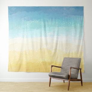 Watercolor Painted Beach and Ocean Scene Tapestry