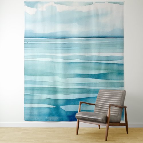 Watercolor Painted Blue Water Ocean Sky Scene Tapestry