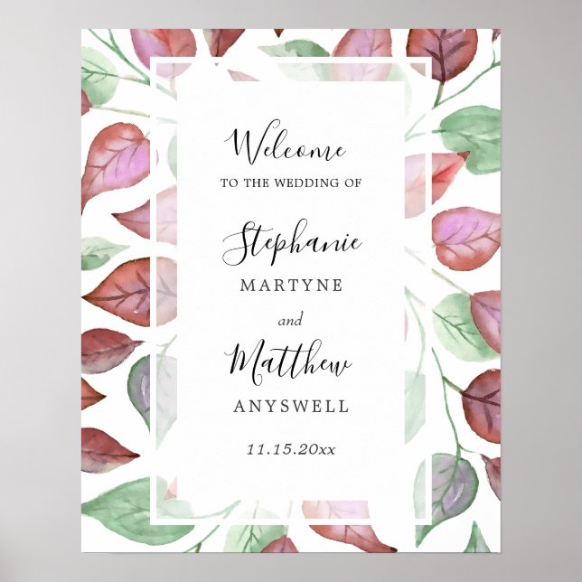 Watercolor Painted Burgundy Leaves Foliage Wedding Poster (Front)
