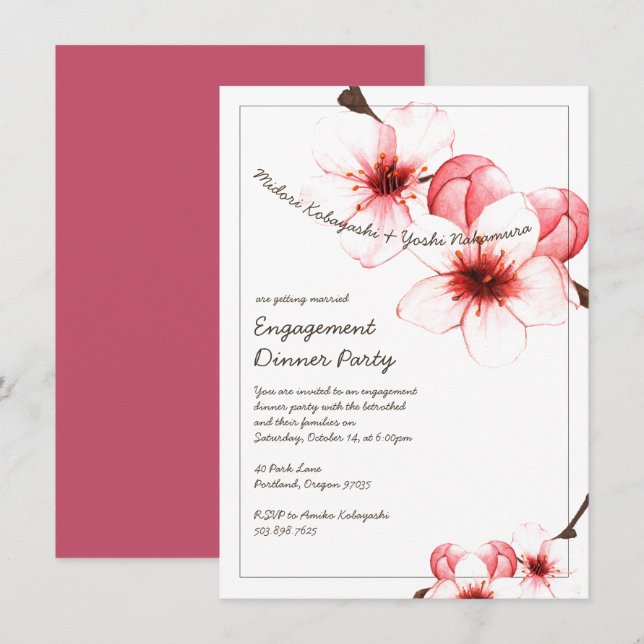 Watercolor Painted Cherry Blossom Engagement Party Invitation (Front/Back)