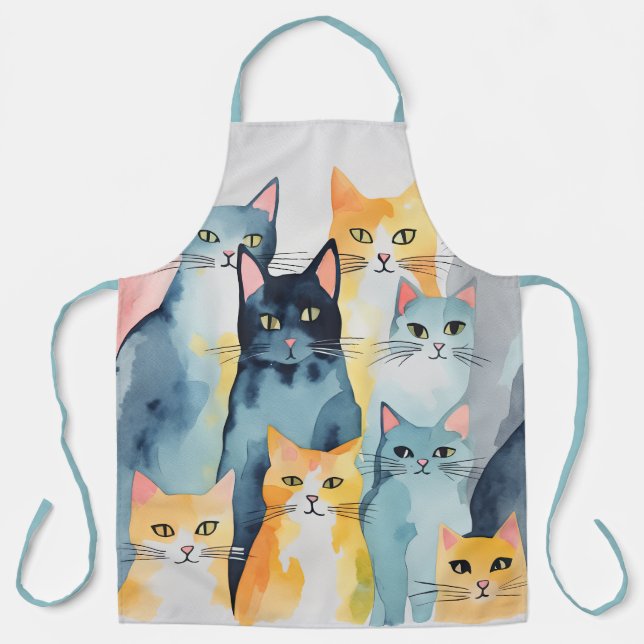 Watercolor Painted Colorful Cat Collage Apron (Front)