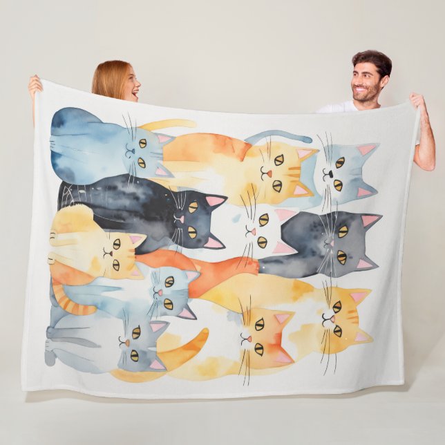 Watercolor Painted Colorful Cat Collage Fleece Blanket (In Situ)