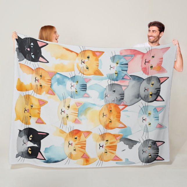 Watercolor Painted Colorful Cat Collage Fleece Blanket (In Situ)