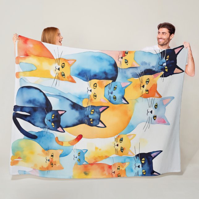 Watercolor Painted Colorful Cat Collage Fleece Blanket (In Situ)