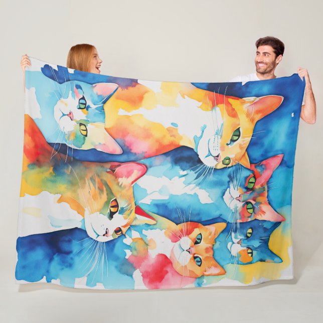 Watercolor Painted Colorful Cat Collage Fleece Blanket (In Situ)