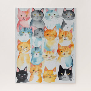 Watercolor Painted Colorful Cat Collage Jigsaw Puzzle