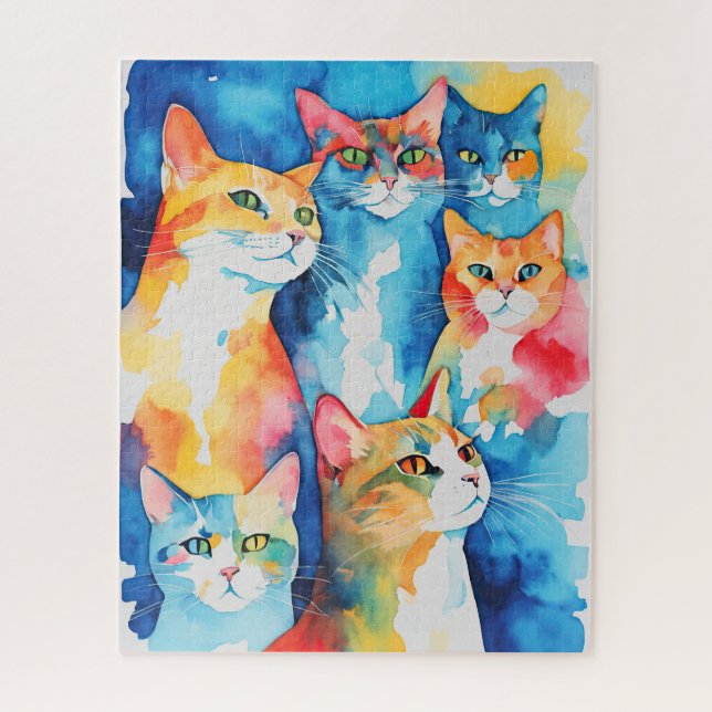 Watercolor Painted Colorful Cat Collage Jigsaw Puzzle (Vertical)
