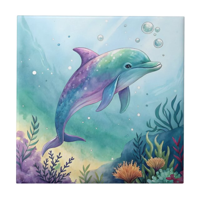 Watercolor painted dolphin ceramic tile (Front)