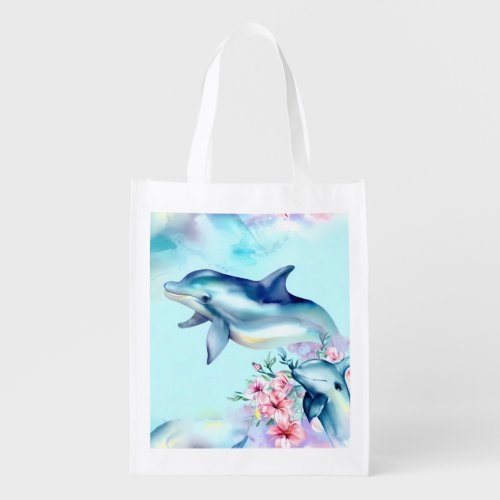 Watercolor Painted Dolphin  Grocery Bag