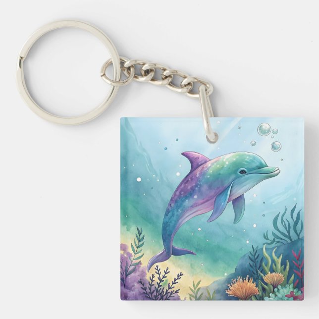 Watercolor painted dolphin keychain (Front)