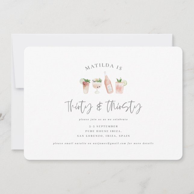 watercolor painted drinks thirty & thirsty announcement (Front)