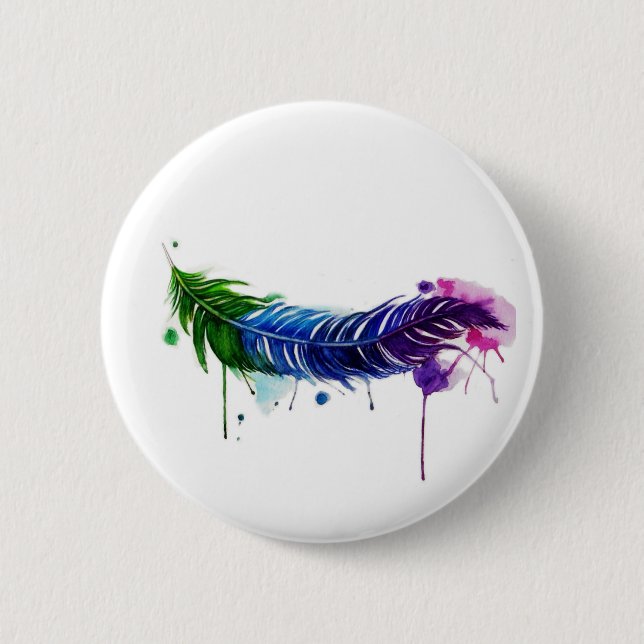 Watercolor Painted Feather Pinback Button (Front)