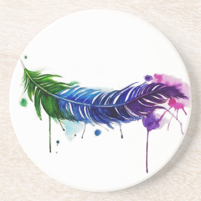 Watercolor Painted Feather Sandstone Coaster (Front)
