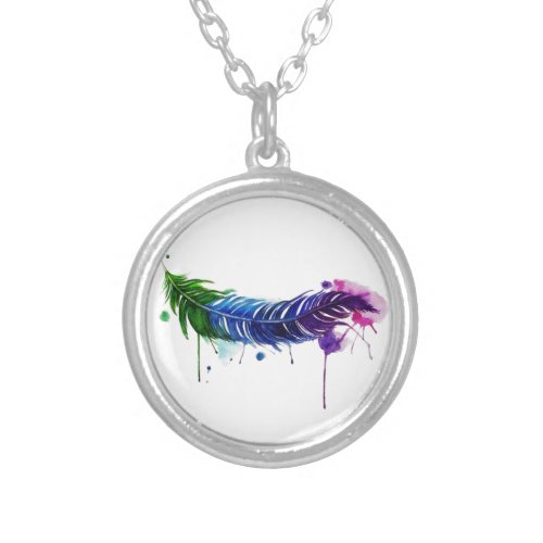 Watercolor Painted Feather Silver Plated Necklace