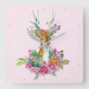 Watercolor Painted Floral Baby Deer Baby Nursery Square Wall Clock