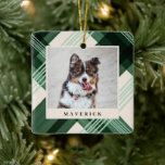 Watercolor Painted Green Plaid Pet Photo Christmas Ceramic Ornament<br><div class="desc">Celebrate your furry family member with these stylish photo Christmas ornaments. They feature a hand painted diagonal plaid design in the background,  along with photo and text templates for simple personalization! The back contains the same plaid design,  as well as a text template for the year.</div>