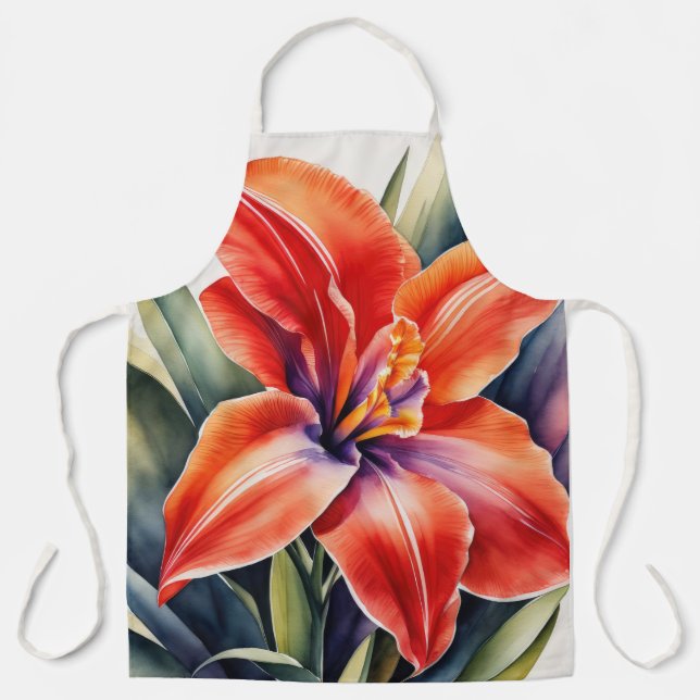 Watercolor Painted Orange Lily Flower Apron (Front)