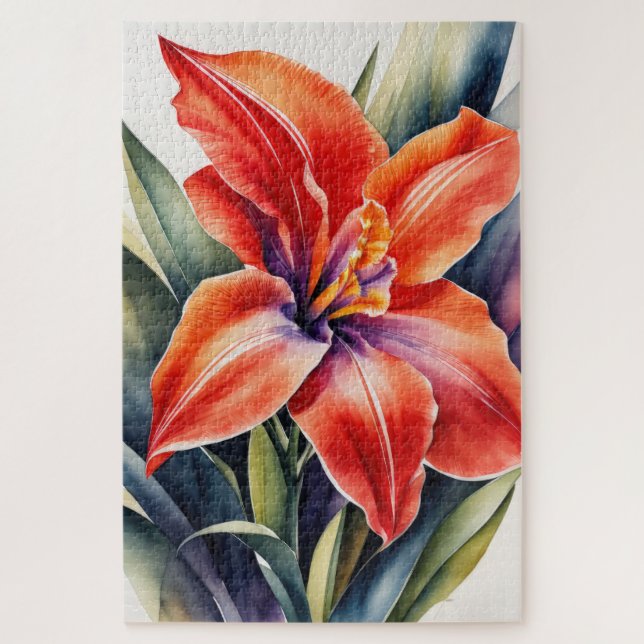 Watercolor Painted Orange Lily Flower Jigsaw Puzzle (Vertical)