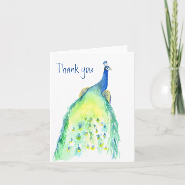 Watercolor Painted Peacock Thank You Note Card  (Front)