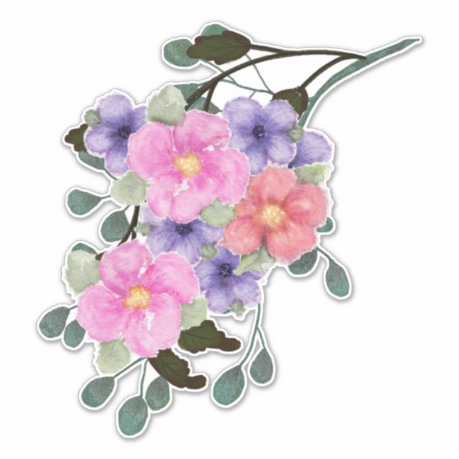 Watercolor Painted Pink and Purple Flowers Sticker (Front)