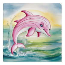 Watercolor painted pink dolphin