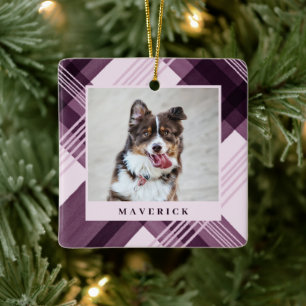 Watercolor Painted Plum Plaid Pet Photo Christmas Ceramic Ornament