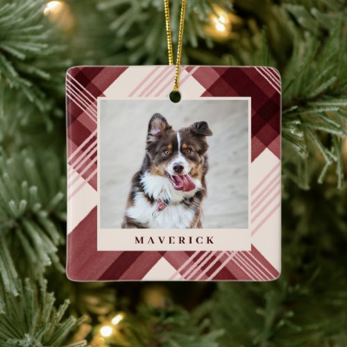 Watercolor Painted Red Plaid Pet Photo Christmas Ceramic Ornament