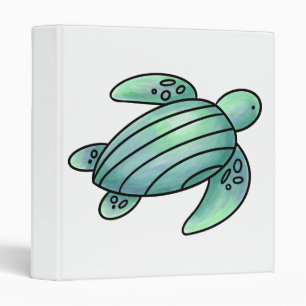 watercolor painted sea turtle cartoon blue green  3 ring binder