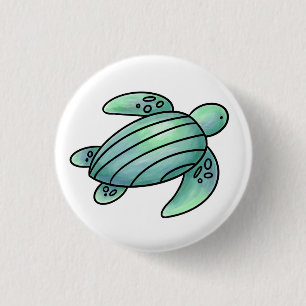 watercolor painted sea turtle cartoon blue green  button