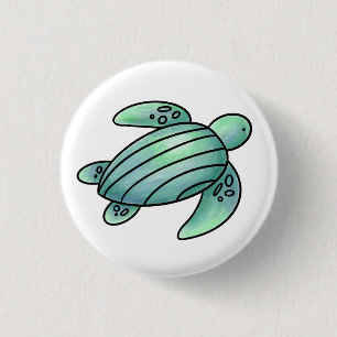 watercolor painted sea turtle cartoon blue green button