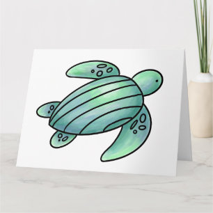 watercolor painted sea turtle cartoon blue green card